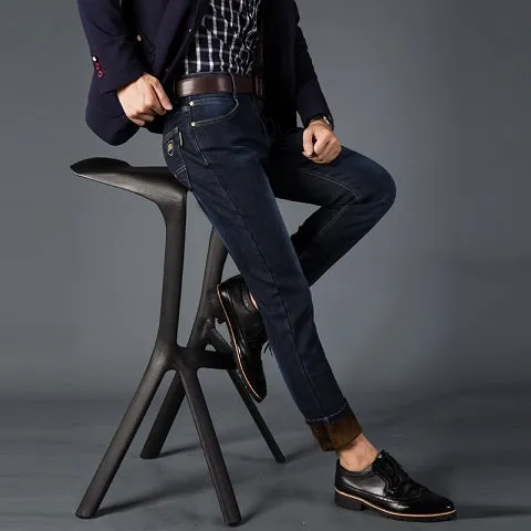 Mens Stretch Denim Jeans Warm Fleece Jean Pants Trousers