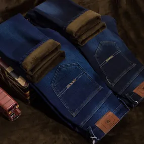 Mens Stretch Denim Jeans Warm Fleece Jean Pants Trousers