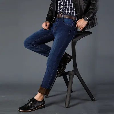 Mens Stretch Denim Jeans Warm Fleece Jean Pants Trousers