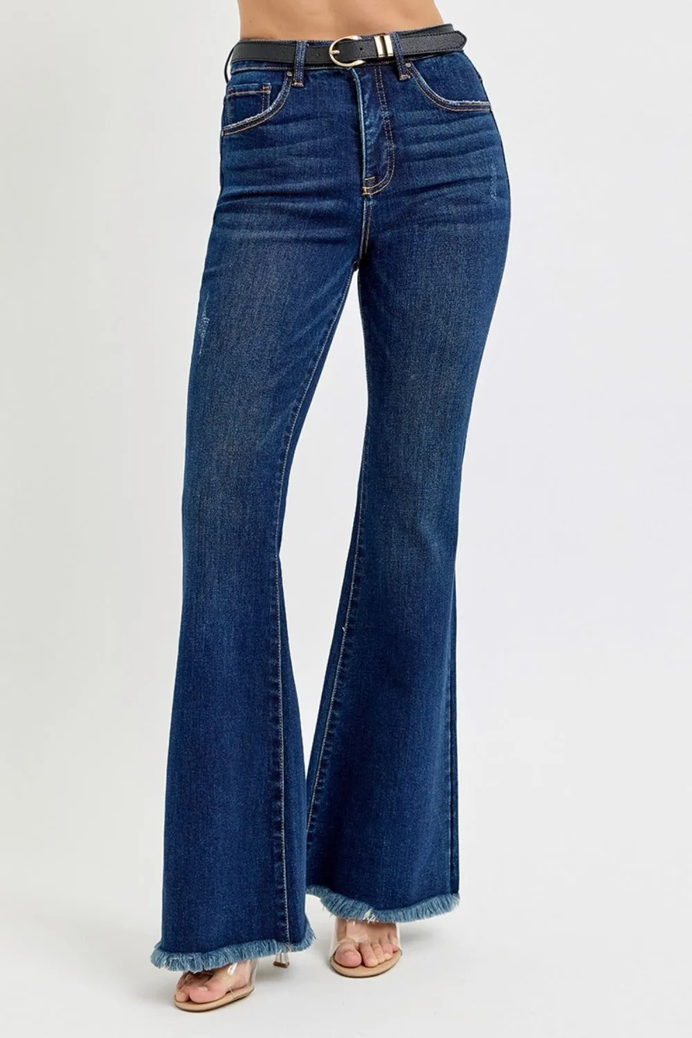 Tummy Control Frayed Hem Flare Jeans