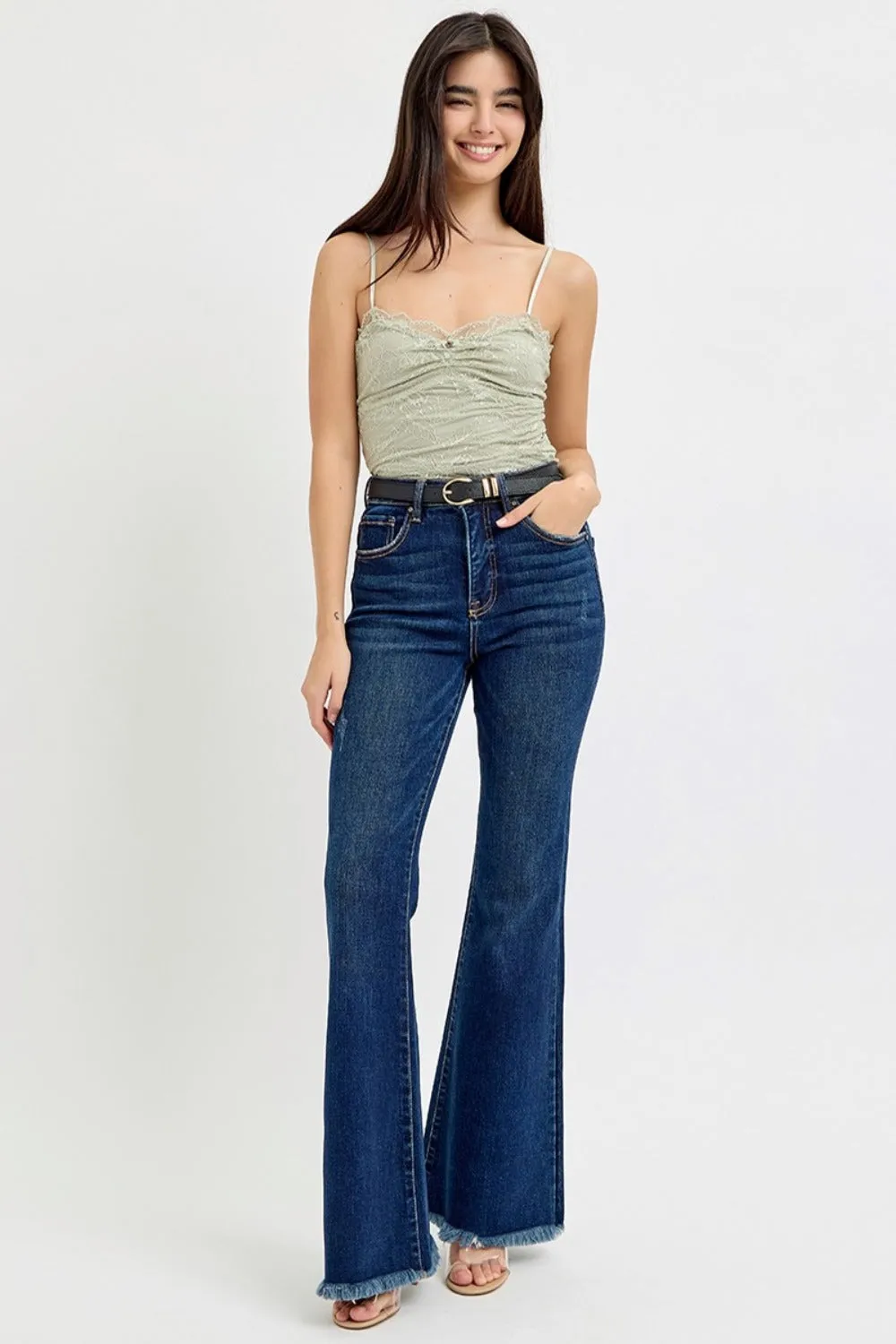 Tummy Control Frayed Hem Flare Jeans